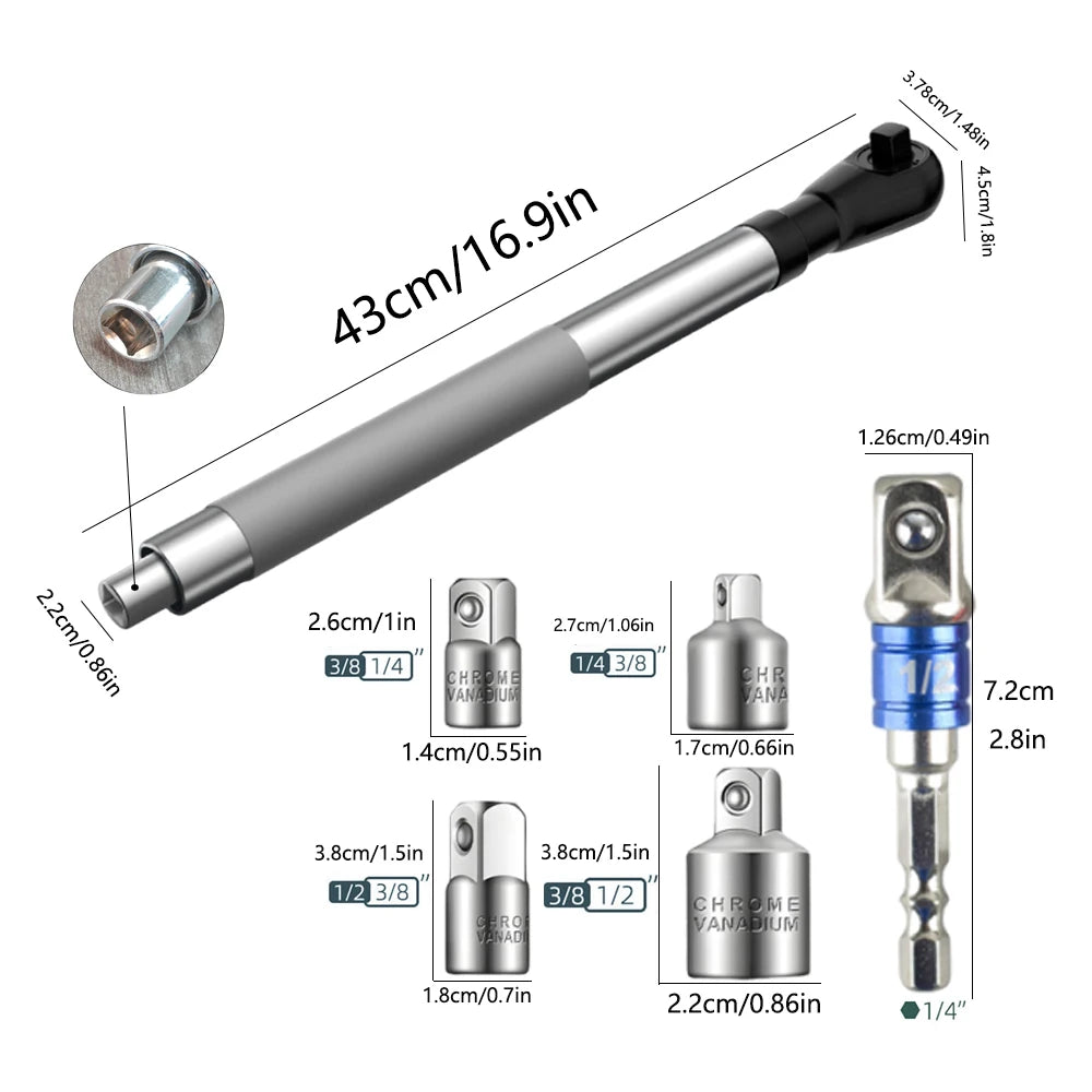 Offset Impact Extension Wrench Ratchet Wrench Chain Drive Wrench Extender with 1/2" Socket Bit Adapter for Auto Repair