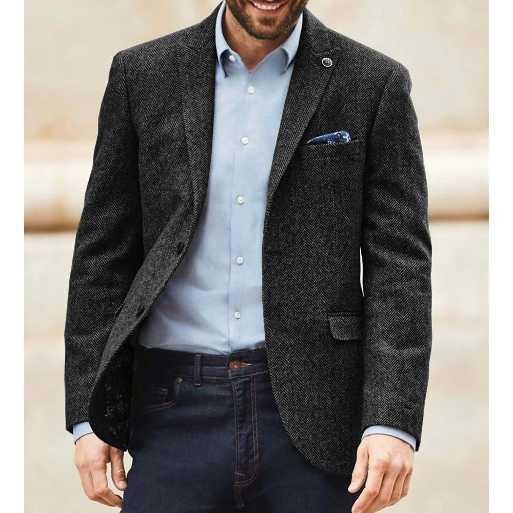 Men's Herringbone Tweed Suit Blazer Classic Notch Lapel Dress Jacket Elegant Slim Fit Fashion Simple Casual Business Outerwear