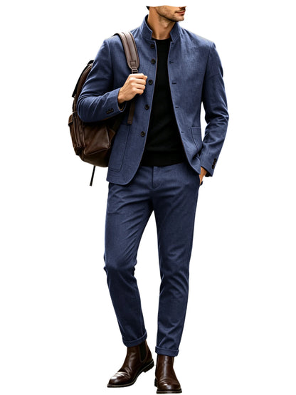 Men's Linen Stand Collar Suit 2-Piece Blazer & Pants Set Slim Fit Business Casual Tuxedo Jacket Trousers Formal Wedding Outfit