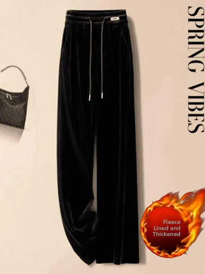 Fashionable Gold Velvet Wide Leg Pants Women's Winter Loose Slimming High Waist Fleece Casual Straight Long Trousers