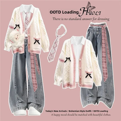 Korean Style Winter College Fashion Knitted Cardigan Jacket Beautiful Unique Miu Series Sweater Three Piece Set High Waist Pa...