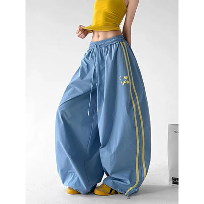 ZHIZOU Women Blue Baggy Letter Print Sweatpants Oversize Dance Pants Harajuku Aesthetic 2000s Style Vintage Y2k Stripe Trousers