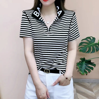 Slimming Short Sleeve Zipper T-Shirt Women's Korean Style Commute Fashion Mid-Year Mom Ladies Shirt Stand Collar Half Zipper