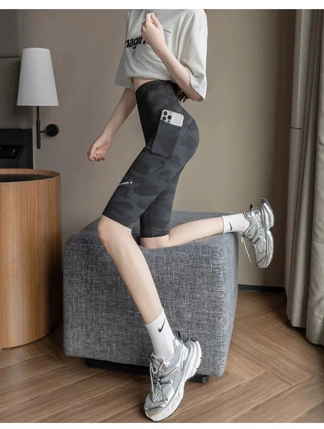 Premium Women's Camo 5-Point Shark Pants High Waist Tummy Control Butt Lifting Daily Casual Yoga Cycling Leggings