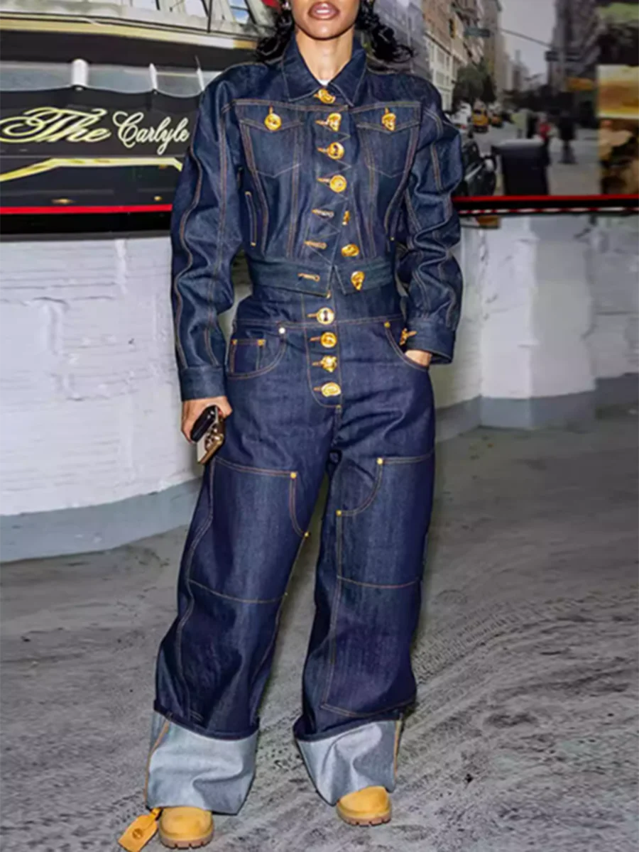VGH Solid Spliced Button Loose Denim Two Piece Sets For Women Lapel Long Sleeve Top High Waist Pants Chic Set Female Fashion