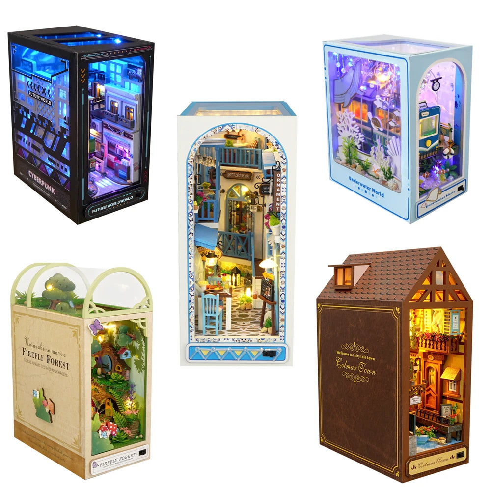 TC16/TC18/TC35/TC36/TC39 DIY Wooden Book Nook Shelf Insert Kit Bookshelf Forest House Dollhouse Bookend Toys Girls Xmas Gifts