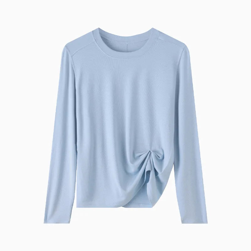 Niche Luxury Women's Solid Color Crew Neck Long Sleeve Knit Top, Soft Breathable Fabric, Casual Daily Inner Wear for Summer