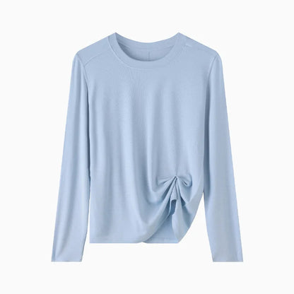 Niche Luxury Women's Solid Color Crew Neck Long Sleeve Knit Top, Soft Breathable Fabric, Casual Daily Inner Wear for Summer