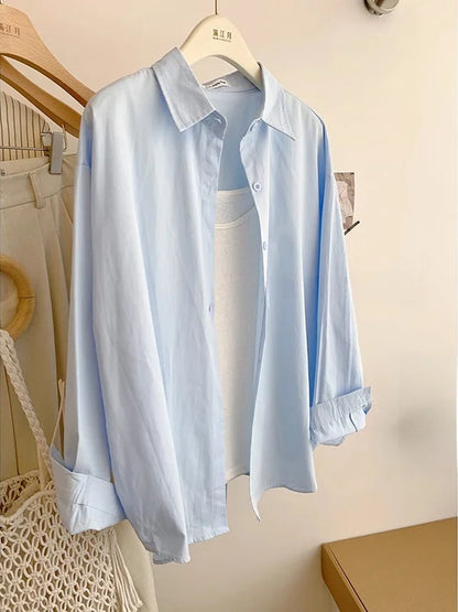 Spring Autumn Design Sensual Casual Versatile Slimming Outerwear Shirt Loose Fit Long Sleeve Polyester Flip Collar Women's Shirt