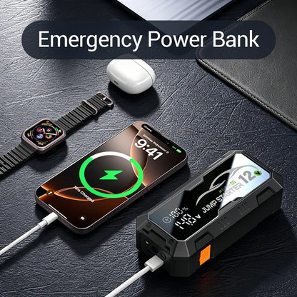 Portable 12V Car Emergency Starting Power Bank Car Jump Starter with Integrated Tire Inflator for Automobile Tyre Inflation