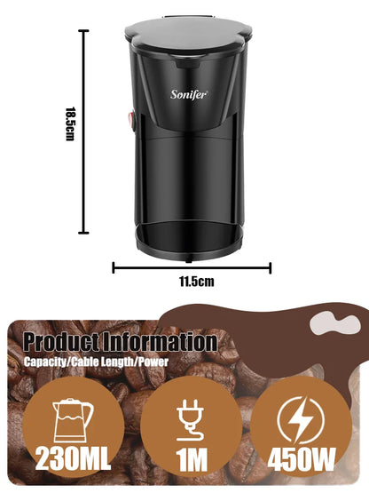 Sonifer 230ml Mini Coffee Maker SF-3593, Single Serve Drip, 450W Fast Brew, 97°C High Temp Brewing, Portable, One-Touch
