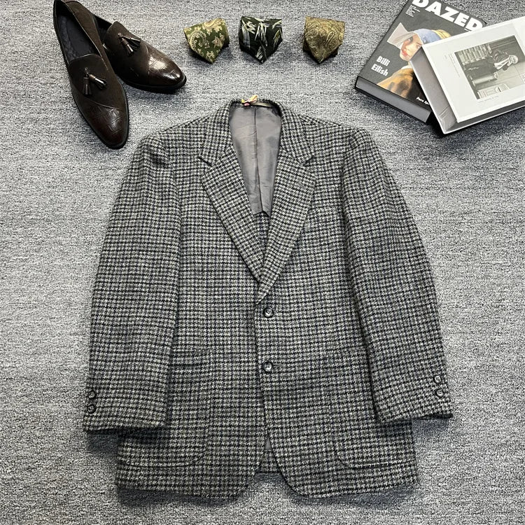 Vintage Unisex Woolen Suit Jacket Simple Casual Plaid Retro Style Warm Windproof Interview Commuting Business Casual Wear