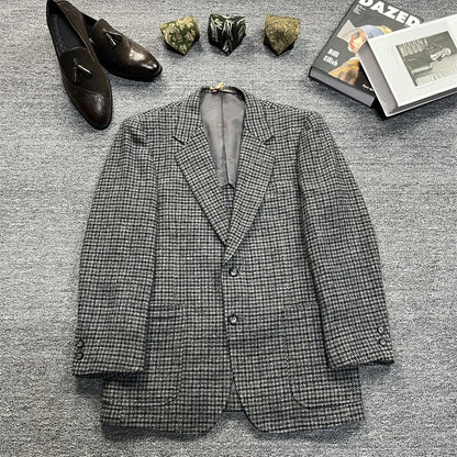 Vintage Unisex Woolen Suit Jacket Simple Casual Plaid Retro Style Warm Windproof Interview Commuting Business Casual Wear