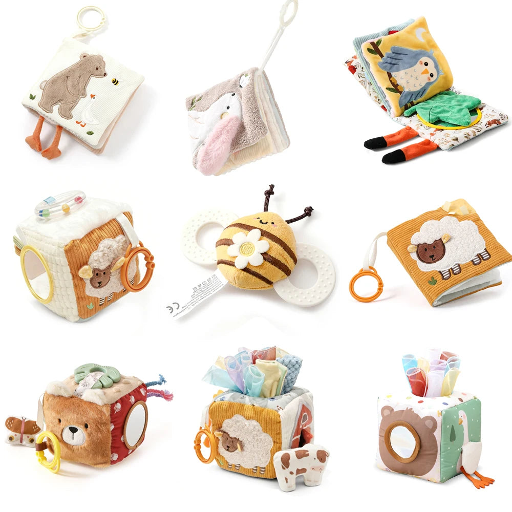 Soft Baby Sensory Toy Cloth Book Tissue Box Security Blanket Plush Cube Crinkle Sounds Mirror Fine Motor Skills 9 Styles Toys