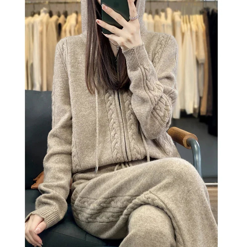 Women's Pure Cashmere Hooded Cardigan 2-Piece Set with Twisted Flower Design Loose Sweater And Wide-Leg Pants Wool Blend
