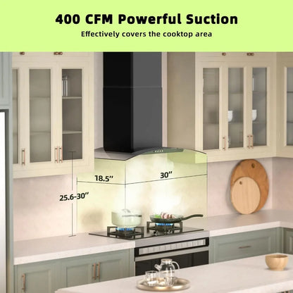 30 inch Wall Mount Range Hood, 400CFM, 3 Speed Fan, Tempered Glass, Push Button Controls, LED Lighting, Stainless Steel, Includes 2 Charcoal Filters