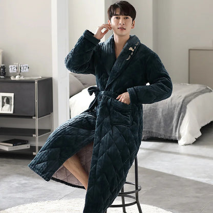 Big Size M-2XL Men Bath Robe 3 Layer Clip Cotton Bathrobe Male Dressing Gown Pijamas Hombre