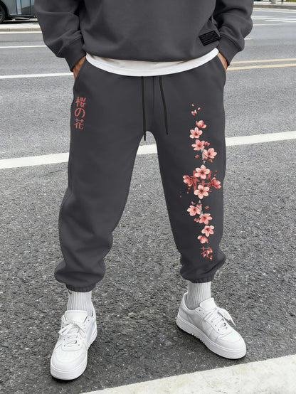 Men's Harajuku Sakura Cherry Blossom Japanese Kanji Print Sweatpants Elastic Waist Soft Daily Street Hip Hop Joggers