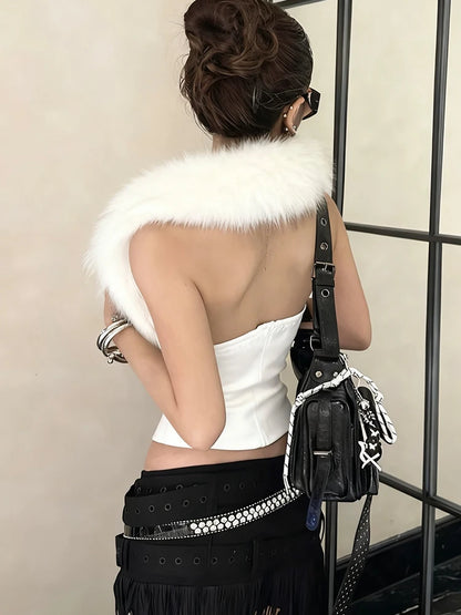 Sisterlinda Furry Patchwork Sexy Tank Top Women Y2K Halter Backless Shirring Sleeveless Stretch Coquette Midnight Party Clubwear