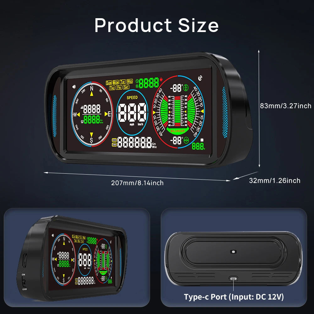 KWHUD Inclinometer 4X4 Off Road LCD Screen HUD Display Car Speedometer Digital GPS Odometer Tilt Pitch Angle Slope Meter Gadgets