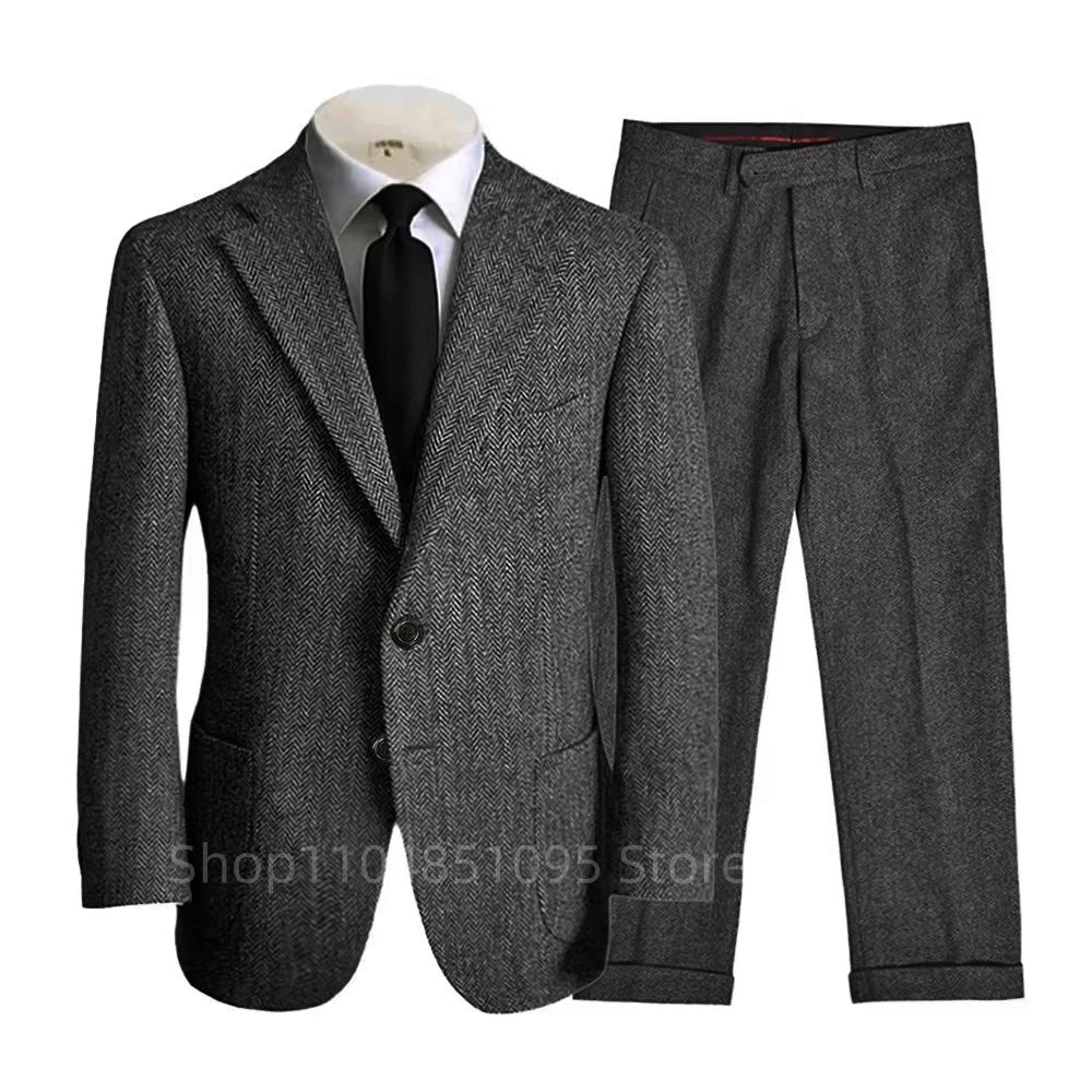 Fashion 2 Piece Dark Gray Wool Tweed Winter Business Men Suit's Wedding Herringbone Male Formal Groom Tuxedo Set (Jacket+Pants)