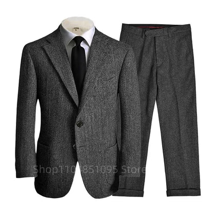 Fashion 2 Piece Dark Gray Wool Tweed Winter Business Men Suit's Wedding Herringbone Male Formal Groom Tuxedo Set (Jacket+Pants)