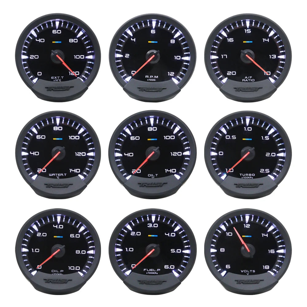 GReddi Sirius Meter Series Trust 74mm White LED Auto Gauge Volt Water Temp Oil Temp Oil Press RPM Turbo A/F Ratio Fuel Press