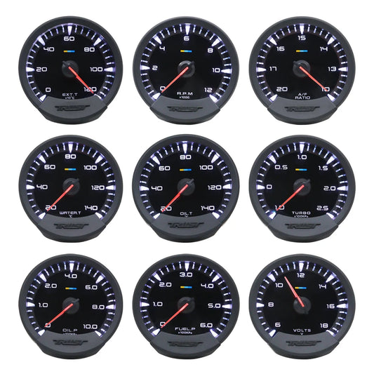 GReddi Sirius Meter Series Trust 74mm White LED Auto Gauge Volt Water Temp Oil Temp Oil Press RPM Turbo A/F Ratio Fuel Press