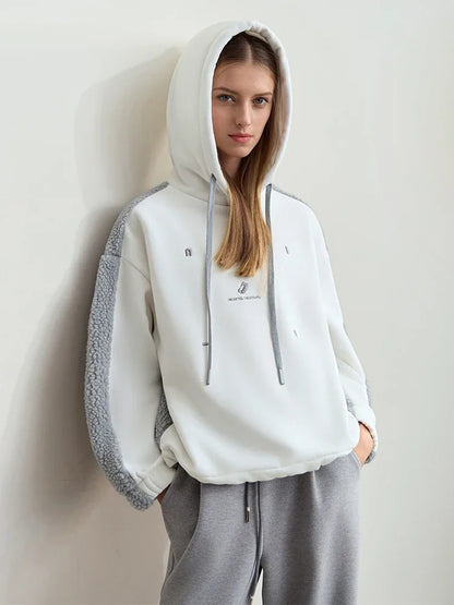 Amii Drawstring Hooded Splicing Imitation Lamb Wool Sweatshirt Embroidered 2024 Winter Women's Loose Thermal Tops 12444131