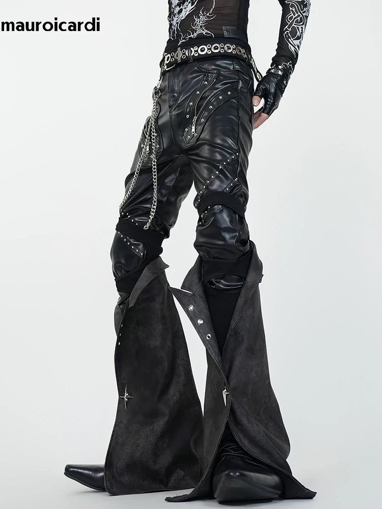 Mauroicardi Spring Skinny Black Pu Leather Motorcycle Pencil Pants for Men with Detachable Leg Covers Alternative Punk Clothes