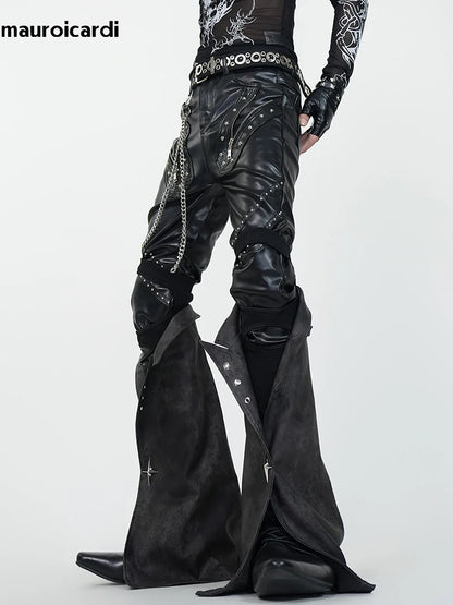 Mauroicardi Spring Skinny Black Pu Leather Motorcycle Pencil Pants for Men with Detachable Leg Covers Alternative Punk Clothes