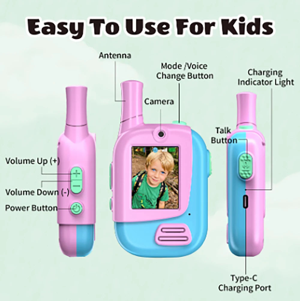 2 Pack Rechargeable Kids Video Walkie Talkies with 4 Voice Changer Functions | Indoor & Outdoor Games, Camping, Hiking, Travel |