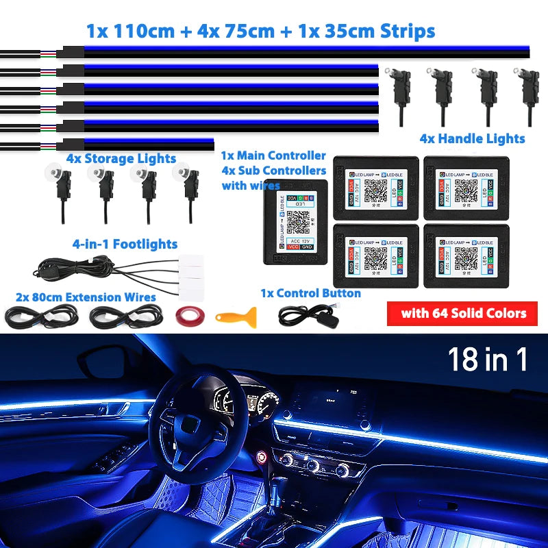 6/18/22 in 1 Led Acrylic Car Ambient Light RGB 64 213 Color Symphony Acrylic APP Streamer Rainbow Atmosphere Lamp Kit Dual Zone