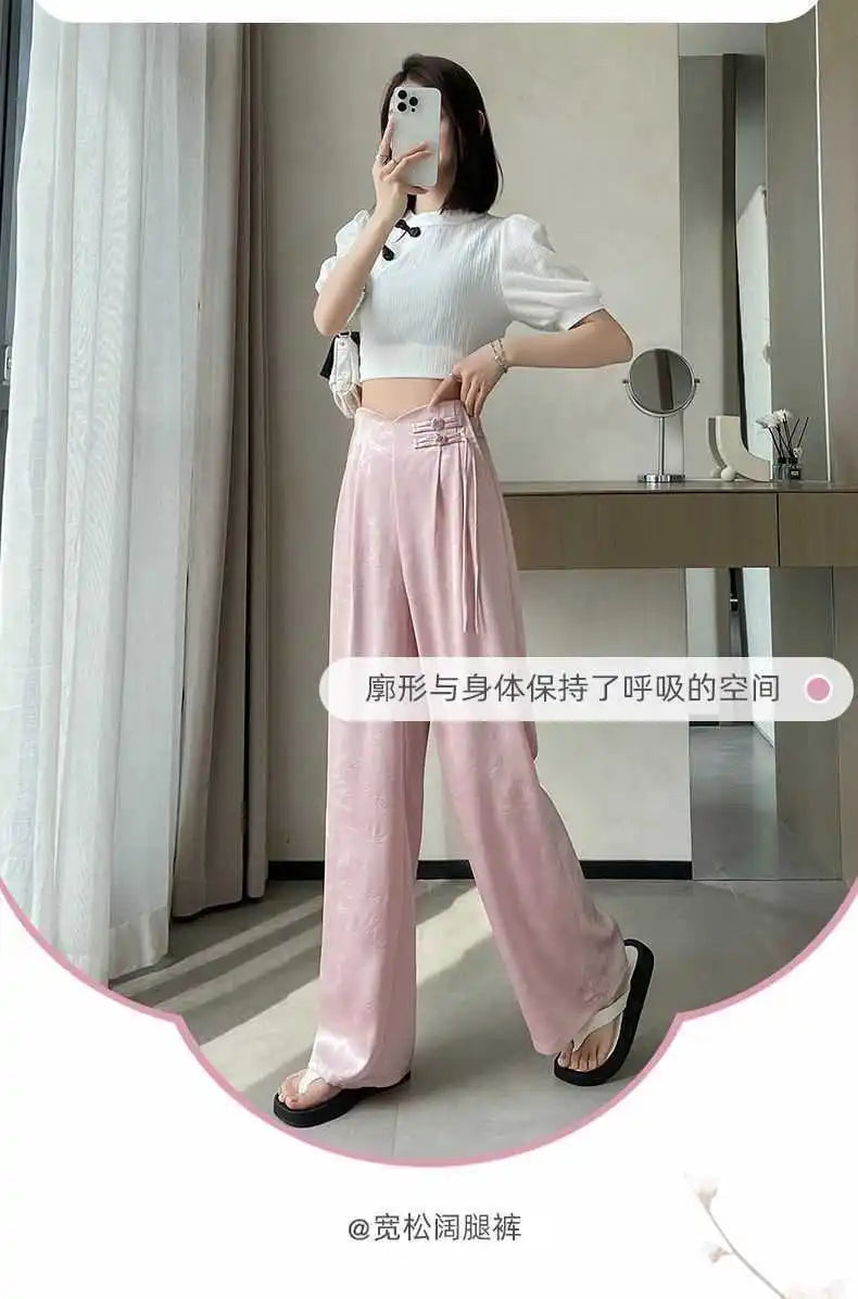High Waist Loose Straight Pants with Button Knot Pocket New Chinese Style Satin Wide Leg Pants Spring Summer Trousers Pink Black