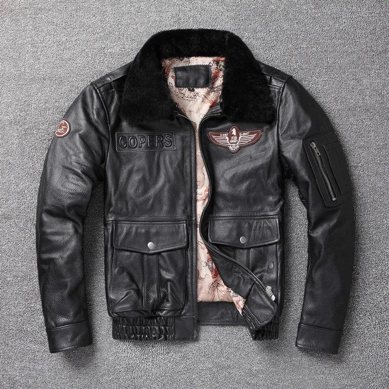 2026 New Winter Men's Warm Cowhide Top Coat Leather Bomber Jacket Detachable Fur Collar Plus Cotton Plus-size Leather for Men