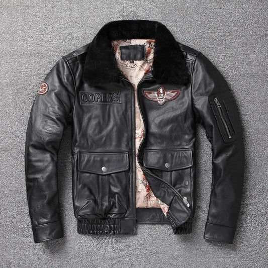 2026 New Winter Men's Warm Cowhide Top Coat Leather Bomber Jacket Detachable Fur Collar Plus Cotton Plus-size Leather for Men