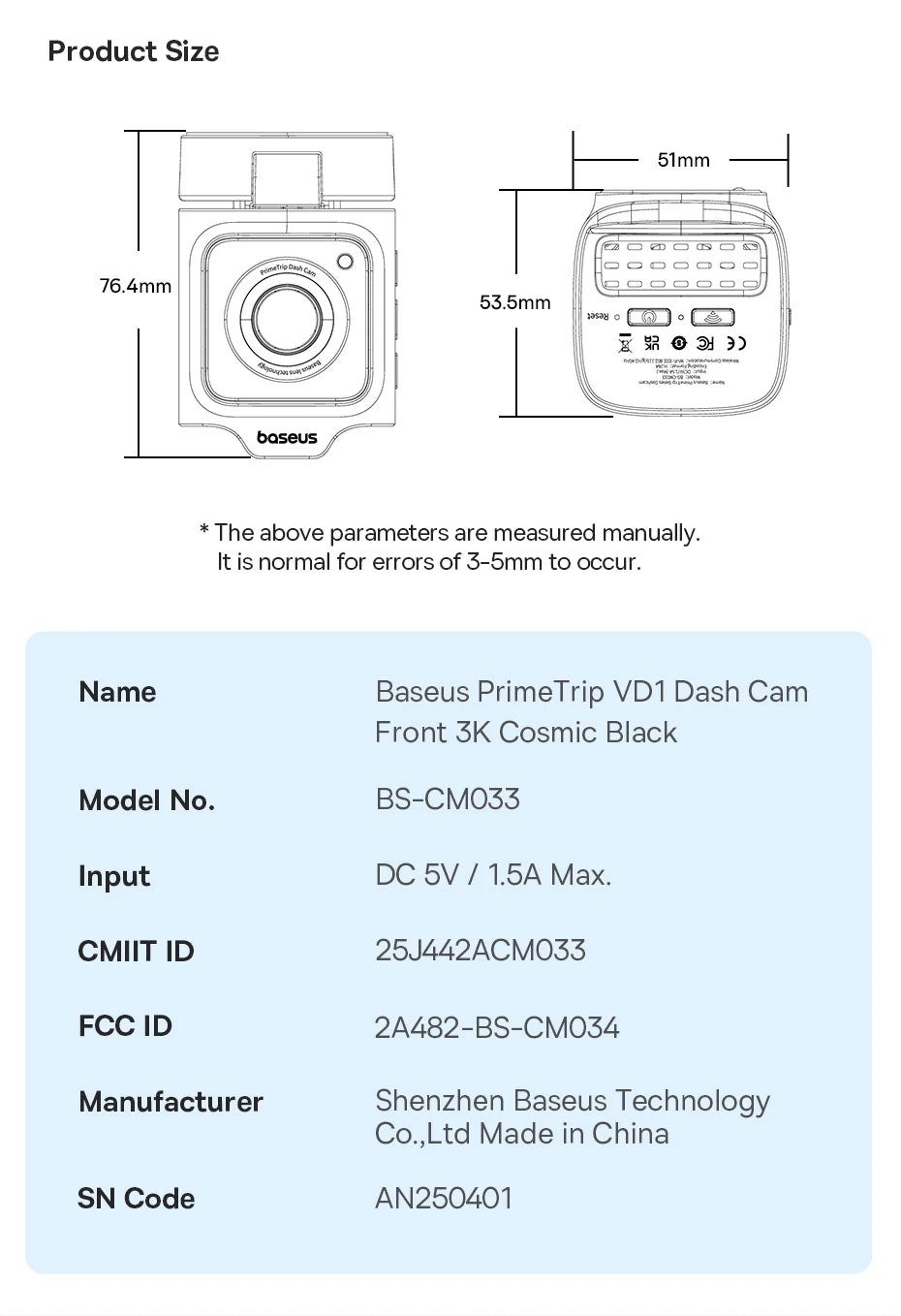 Baseus 3K Dash Cam VD1 Front and Rear Cam HD Built-in GPS Galileo Supercapacitor Car DVR Car Camera Recorder Support 24H Parking