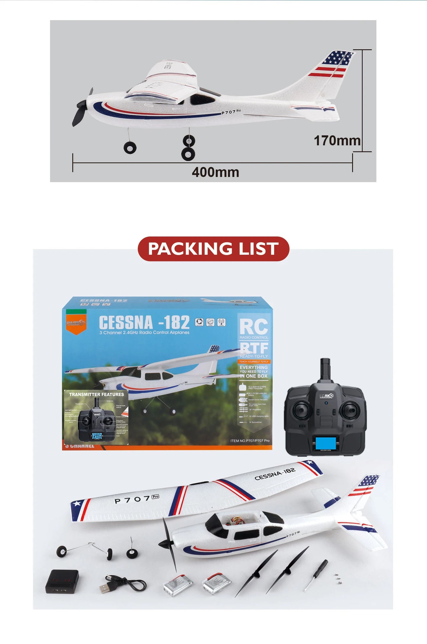 Parkten RC Airplane P707G PRO LCD Version 2.4G 3D/6G With Gyro 3Ch Fixed Wing Plane Outdoor Toys Drone RTF CESSNA 182 Glider