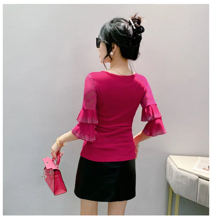 2026 Spring Summer Mesh Tops Korean Fashion Diamond T Shirt Slim 3/4 Sleeve Hollow Out Casual Women Shirt