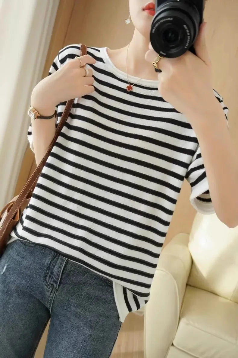 100% Pure Cotton Summer Stripe Short Sleeve T-Shirt Women Loose round Neck Vest Cotton Linen Half Sleeve Commute Style Simple
