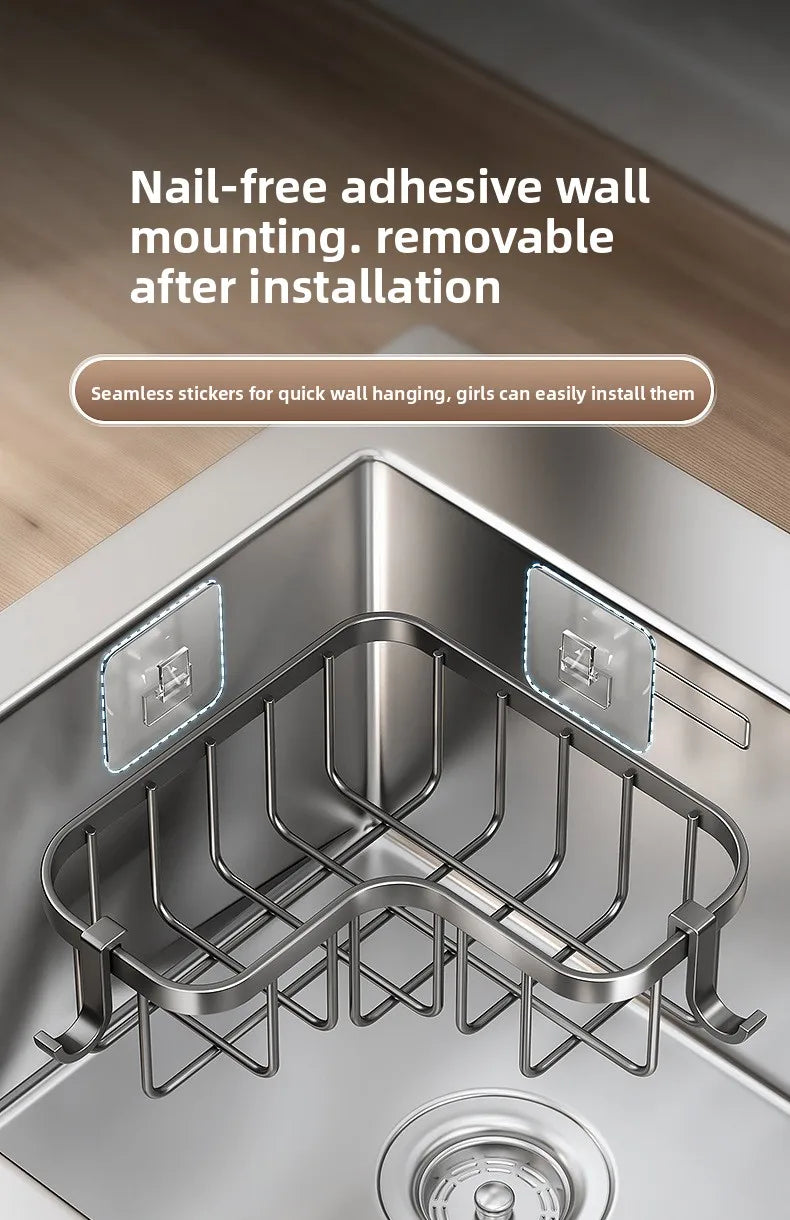 Kitchen Carbon Steel Sink Drain Rack No-Punching Wall Mounted Corner Dishcloth Storage Rack Waterproof Space Saving