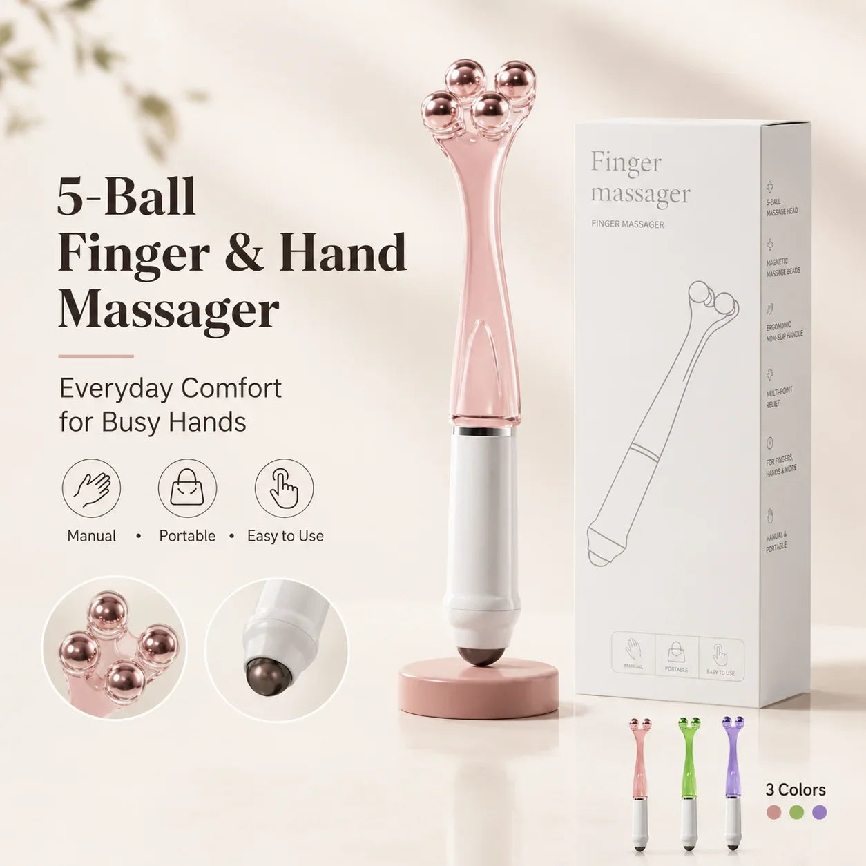 5-Ball Finger Massager 2-in-1 Hand Massage Roller for Fingers Palm Knuckles Wrist Portable Manual Self Care Tool