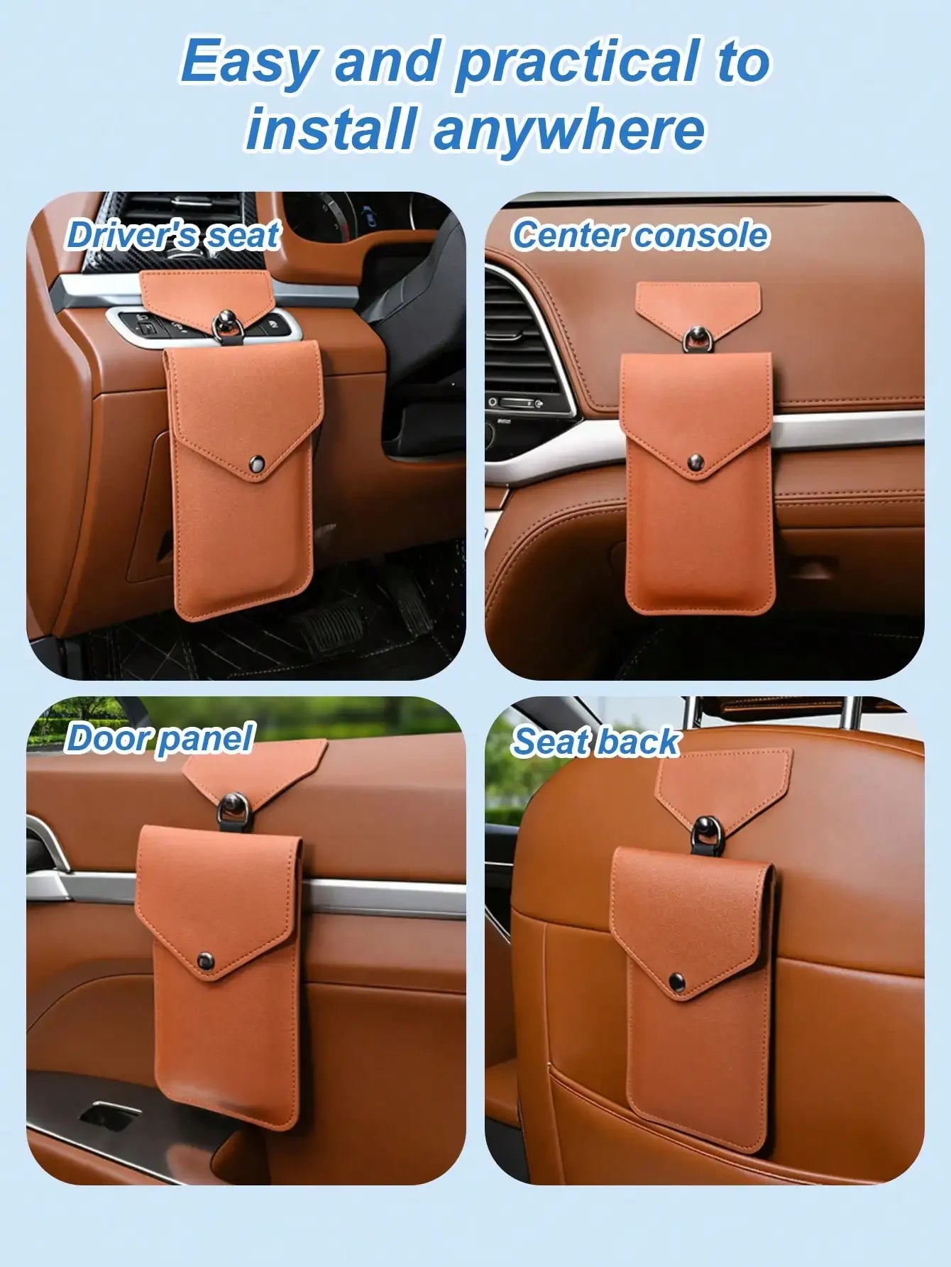 Universal Multi-Use Car Storage Bag with Shoulder Strap, Stick-On, Premium Leather, For Dashboard, Door, Seat Back