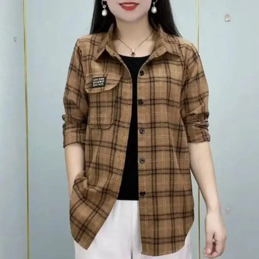 Sun Protection Long Sleeve Cotton Shirt Casual Plaid Women's Top Mom's Shirt Middle-Aged Women's Fashion Autumn 2025