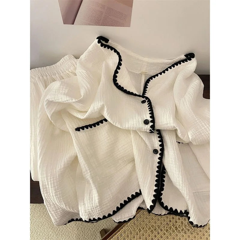 Casual Cotton Pajamas Long Sleeve Sleepwear Women's Spring Autumn Style Comfortable Home Clothes Set Wide Leg Pants Outfit