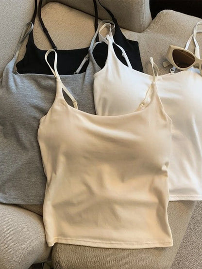 Summer New Small Strap Vest with Chest Pad Backless Integrated Inner And Outer Wear Slimming  Color Short Top for Women
