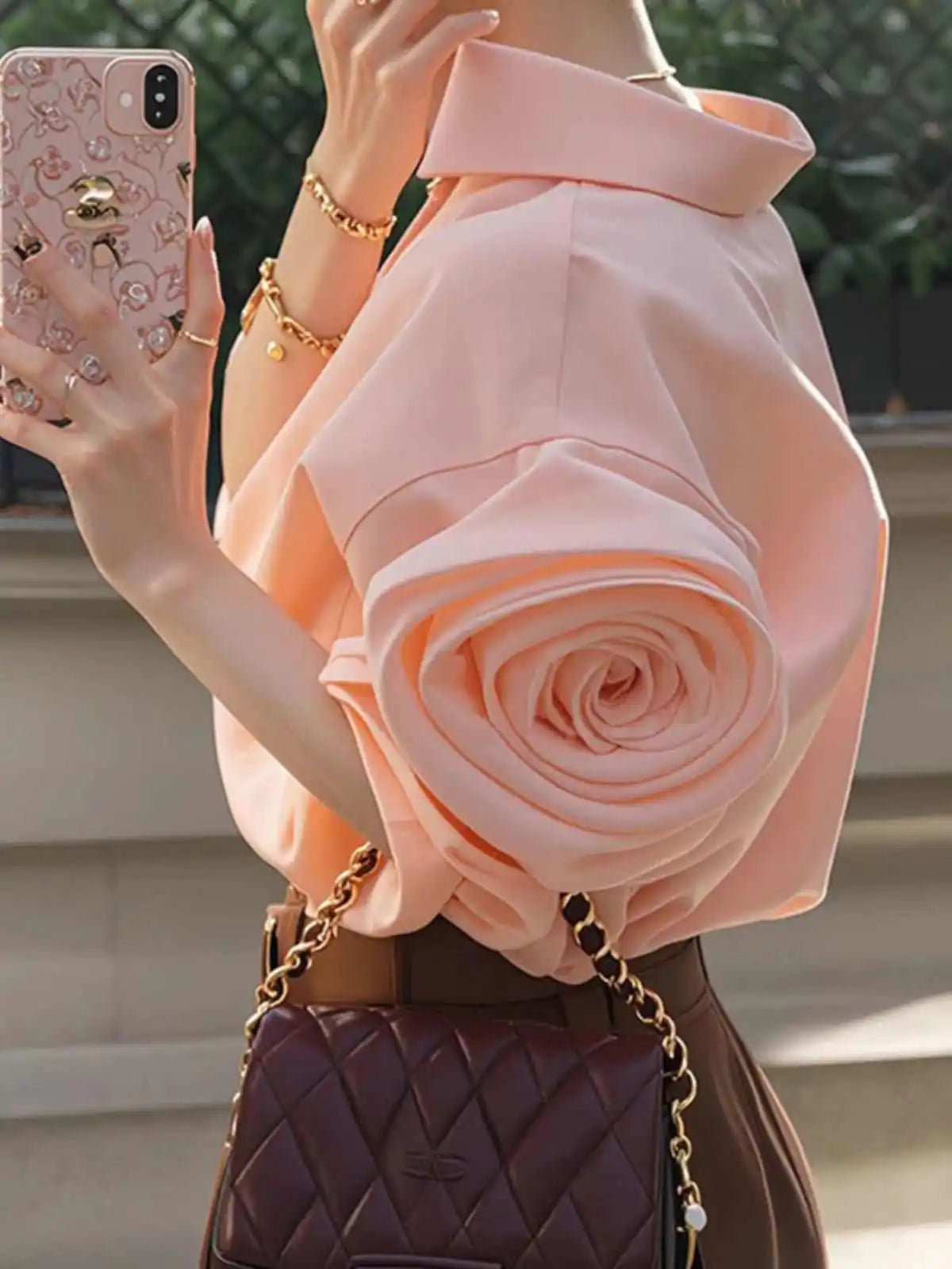 Elegant Pink Rose Flower Women's Shirt Unique Personality High-End Feeling Luxury Simple Style French Style Spring Autumn Top