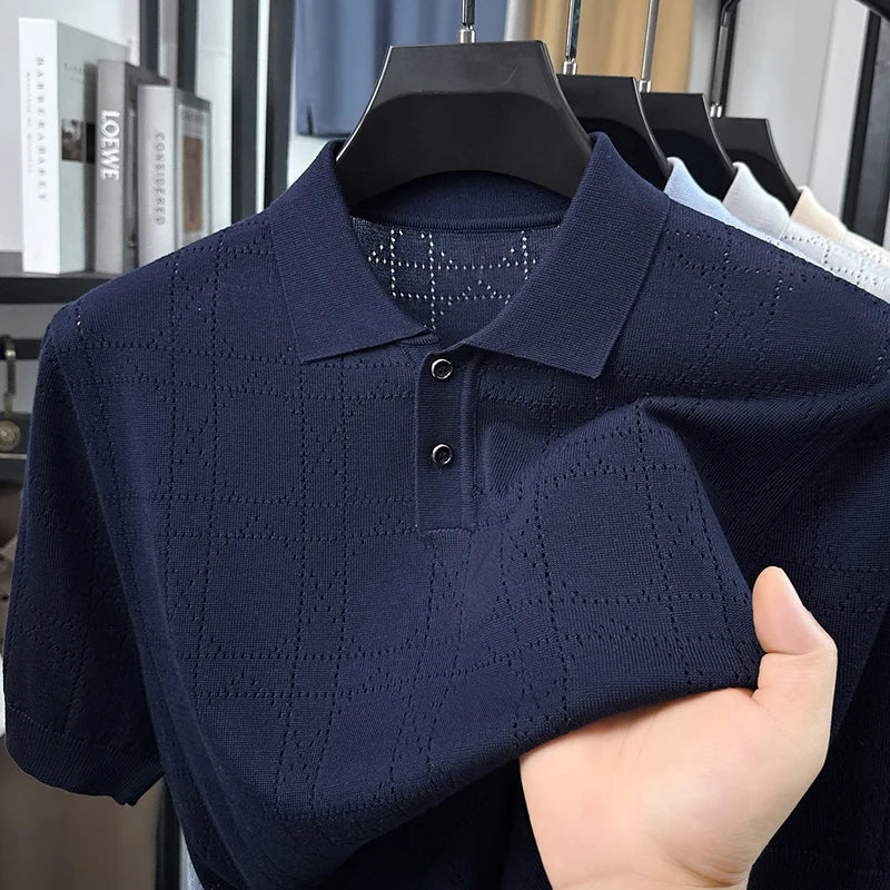 Summer Knitted Short-Sleeved Polo Shirt Lapel Button Argyle Pinhole Casual Breathable Old Money Style Solid Color Mens Clothing