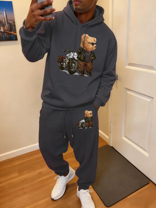 Ride Motorcycle Jacket Cool Bear Print Men Hoody Suit Fashion Autumn Sweatshirts All-Match Casual Sweatpant Comfy Jogging Pants