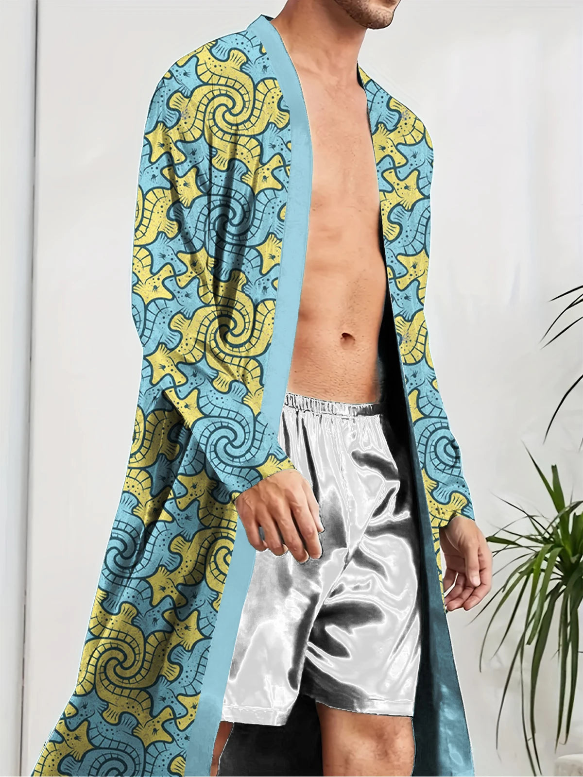 Men Robe 2025 Autumn Men Home Nightgown 3D Printed with Seahorse Pattern Long Sleepwear Thin Skin Friendly Quick Drying Bathrobe